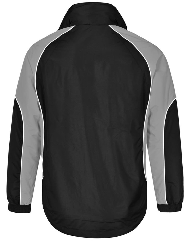 A black and grey Men's Contrast Jacket featuring a minimalist design and a logo on the back.