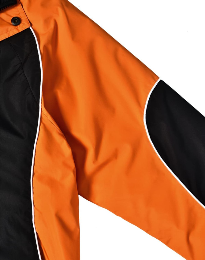 A unisex jacket featuring an orange and black design with white piping, complete with a logo.