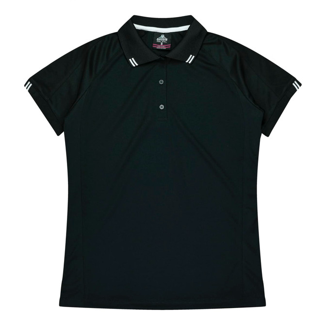 A black polo shirt with short sleeves and a collar, featuring white stripes on the sleeves and a logo.
