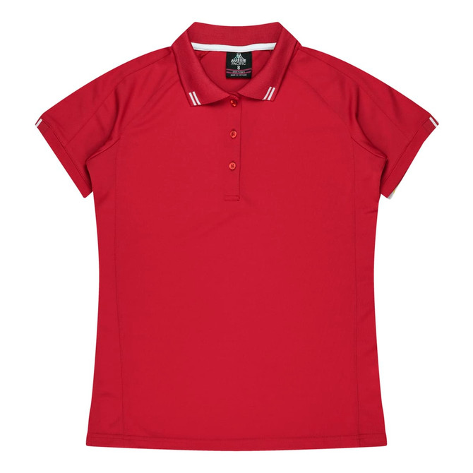 A red short-sleeve polo shirt featuring a collar and a logo. It has two decorative stripes on the collar.