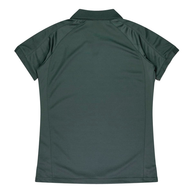 A dark green polo shirt featuring a classic design and a logo on the back.