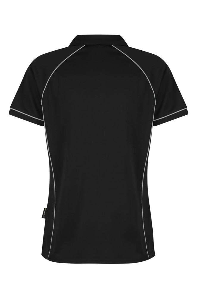 A black polo shirt with contrasting stitching details and a collar. It features a logo on the side.