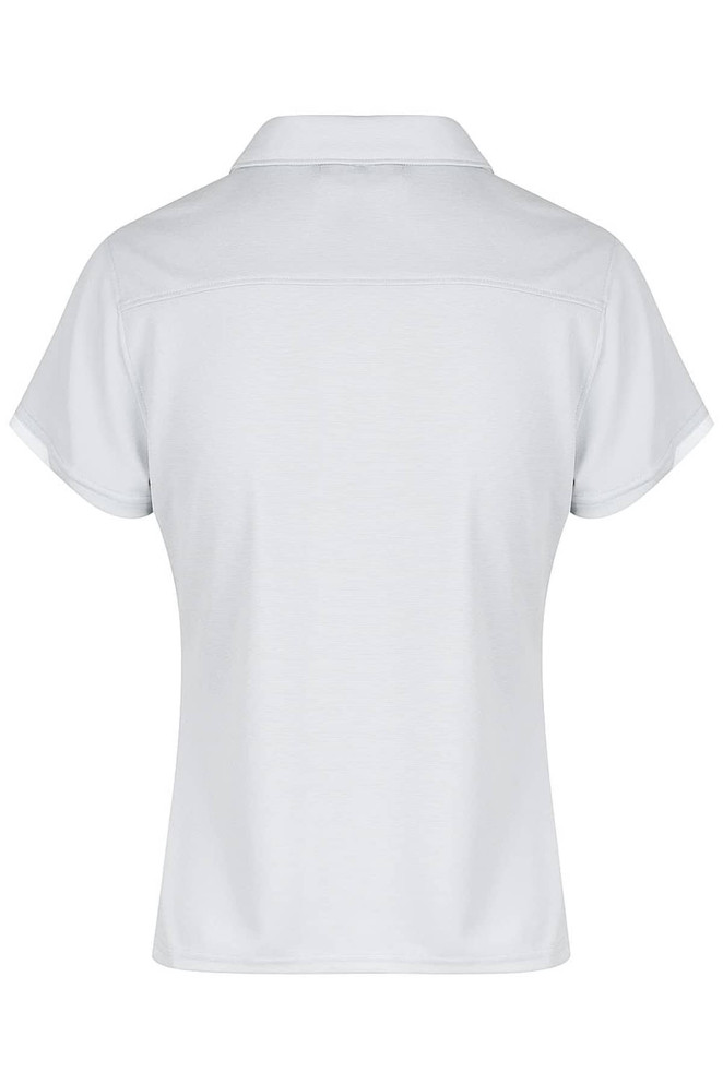 A light grey polo shirt with short sleeves and a classic collar, featuring a branded logo.