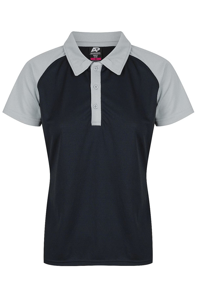 A polo shirt in navy and light grey with a button-up front and a logo on the collar.