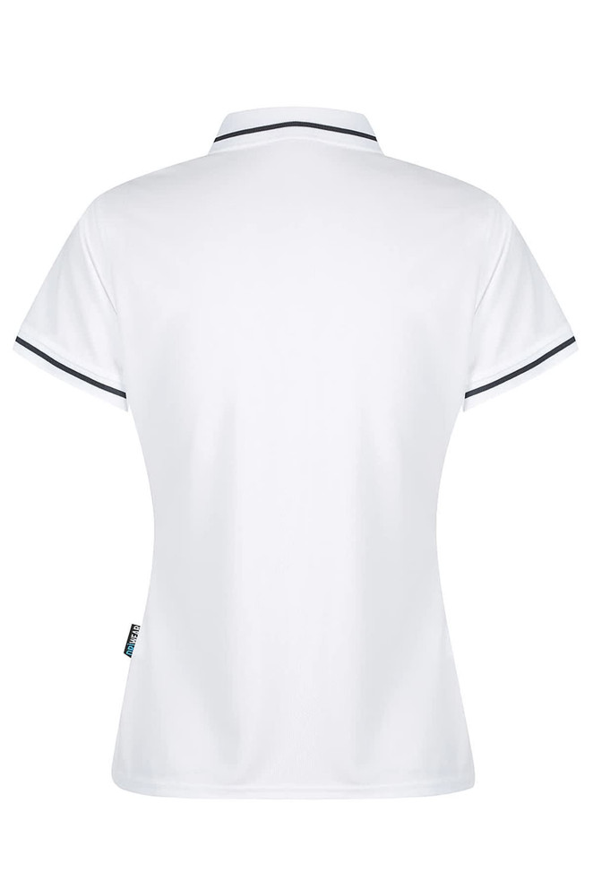 A white polo shirt featuring a classic design with contrasting trim and a logo.