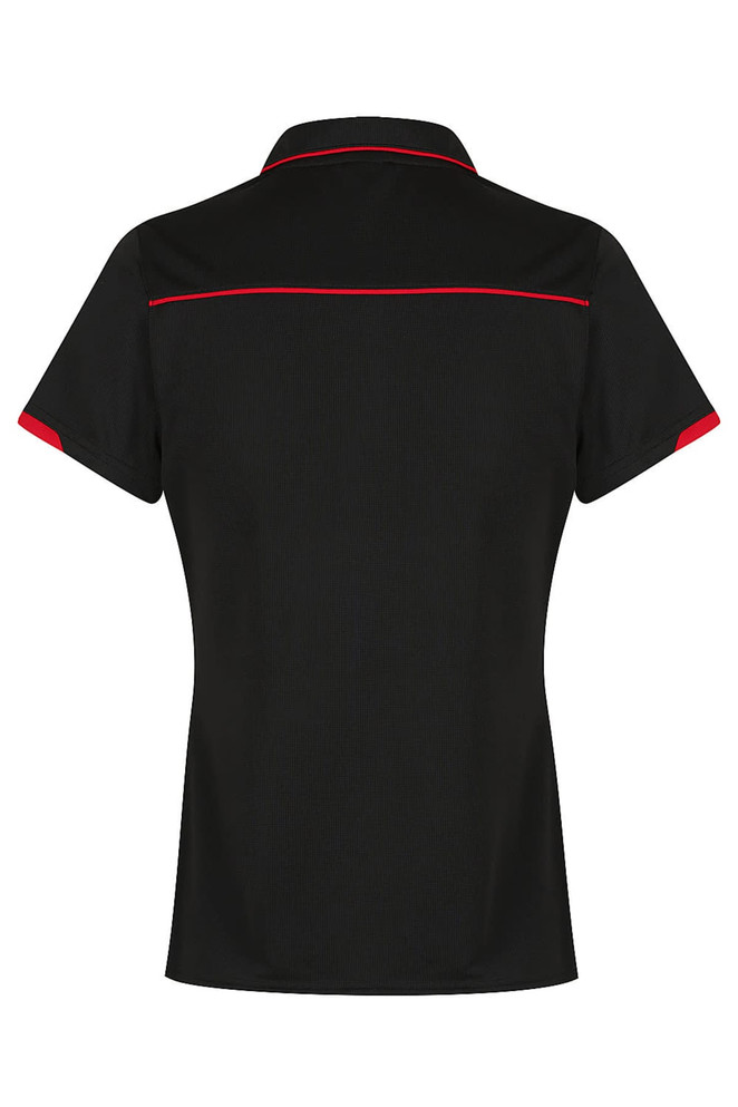 A black polo shirt with red accents, featuring a collar and short sleeves. The shirt has a logo on it.