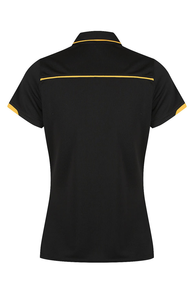 A black polo shirt featuring yellow accents and a logo on the back.