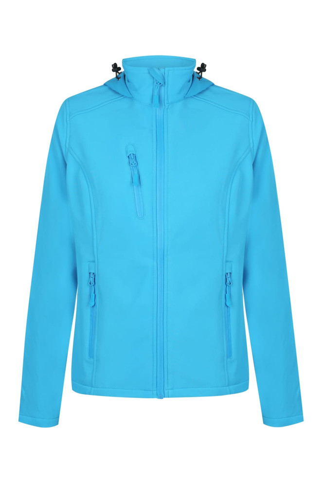 A bright blue soft shell jacket featuring a zippered front and two side pockets. It has a hood and a logo.