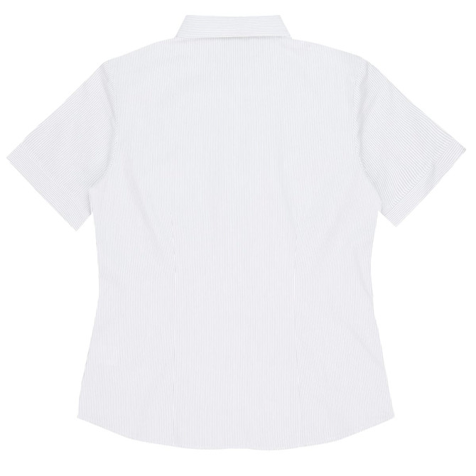 A short-sleeved, button-up ladies' shirt in a light grey and white striped pattern. The shirt features a collar and has a logo.