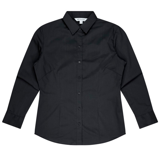 A long sleeve, button-up shirt in black, featuring a classic collar and a logo on the label.