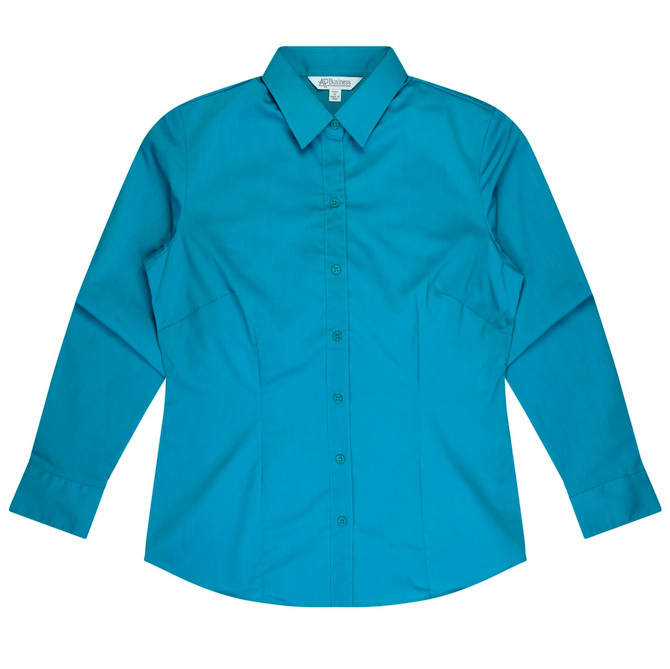 A long sleeve button-up shirt in a teal colour featuring a collar and a logo.