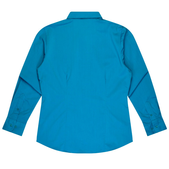 A long sleeve button-up shirt in a vibrant teal colour, featuring a back view with a collar and button details.