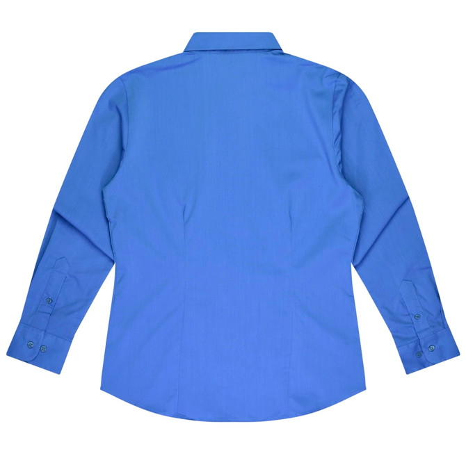 A long-sleeve button-up shirt in blue, featuring a standard collar and button cuffs. The shirt has one logo.