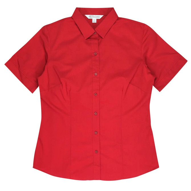 A red short-sleeve button-up shirt with a fitted design, featuring a collar and a logo.