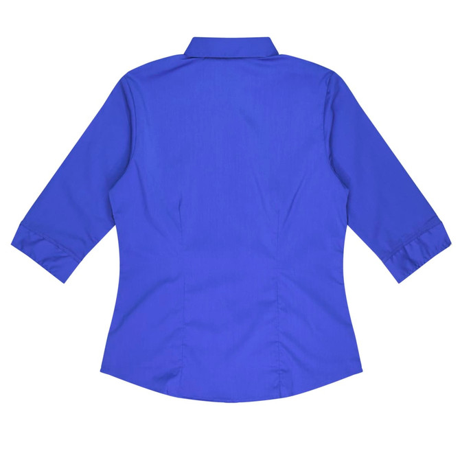 A blue button-up shirt with 3/4 sleeves and a collar, featuring a back view. It has a logo on the side.