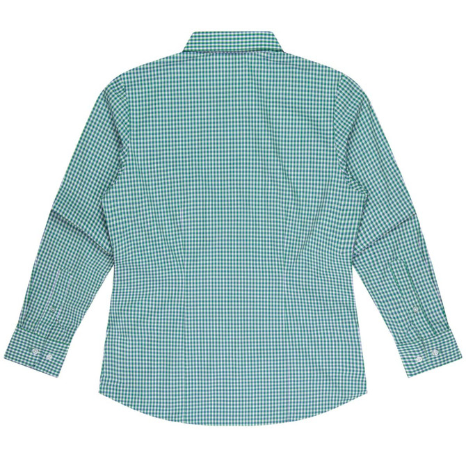 A long sleeve button-up shirt featuring a green checkered pattern, with a curved hem and cuffs.
