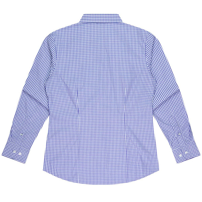A long sleeve button-up shirt featuring a blue and white checkered pattern, with a collar and cuff details.
