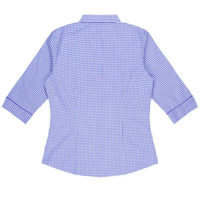 A blue and white checked button-up shirt with 3/4 sleeves and a back view. It features a collar and has a logo.