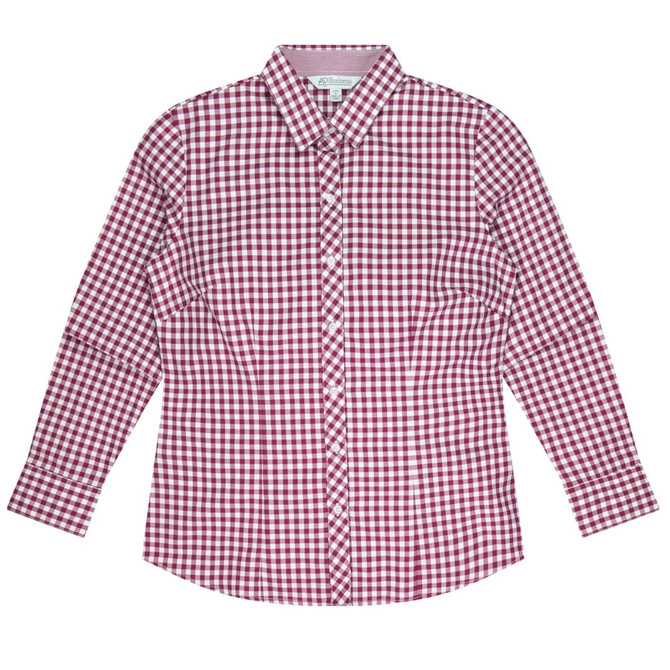 A long-sleeve button-up shirt in a burgundy and white checked pattern with a collar and front buttons.