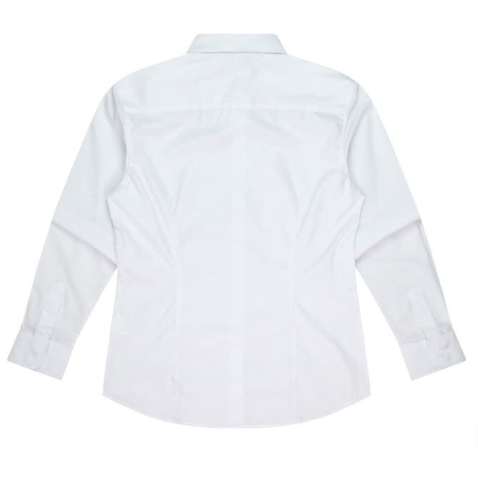 A white long sleeve button-up shirt with a collar and cuffed sleeves, featuring a logo.