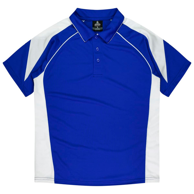 A blue polo shirt with white accents and a collar. The shirt features branding on the label.