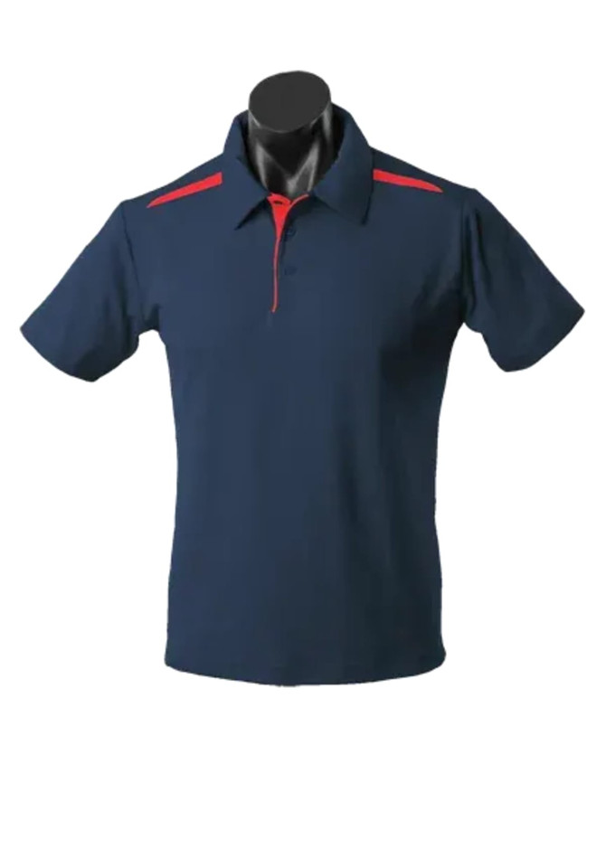 A navy polo shirt with red accents, featuring a collar and short sleeves, displayed on a mannequin.