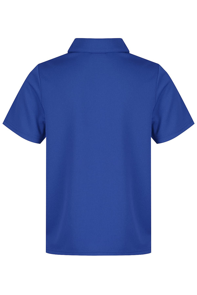 A blue polo shirt with a collar and short sleeves. The back features a logo or branding.