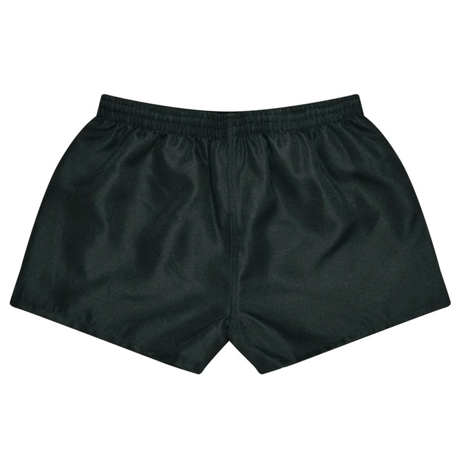 Dark green rugby kids shorts featuring an elastic waistband and a smooth finish. Includes a logo on the waistband.