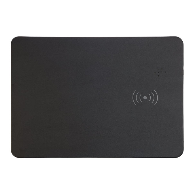 A black wireless charger and mouse pad with a logo, featuring a smooth surface and a simple design.