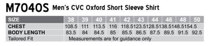 A grey table displaying size measurements for a Men's CVC Oxford Short Sleeve Shirt, featuring tailored fit details.
