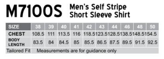 A size chart for a men's self stripe short sleeve shirt, detailing chest and body length measurements.
