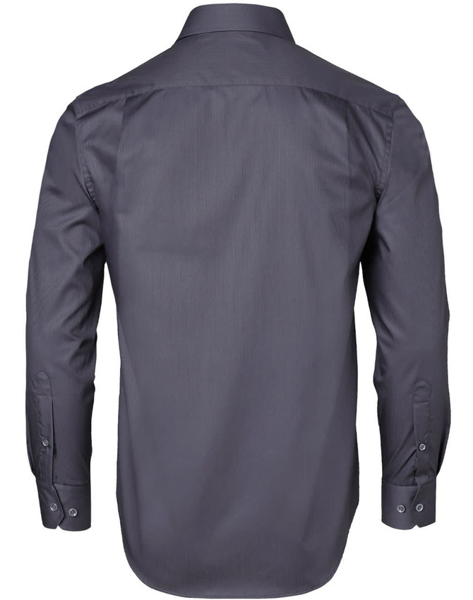 A men's long-sleeve shirt in dark grey with a dobby stripe pattern and button-up cuffs. Features a logo on the back.