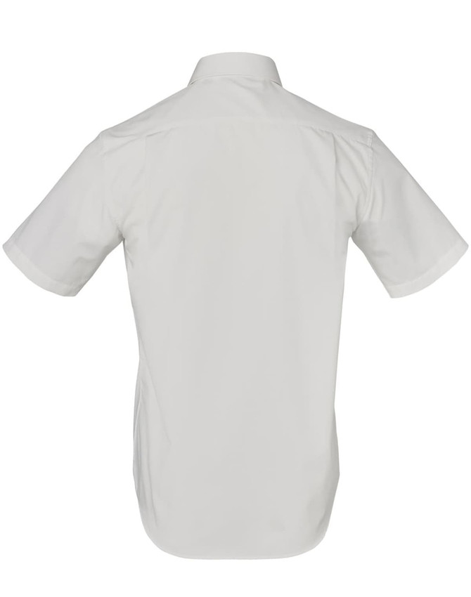 A short-sleeved button-up shirt in light grey with a striped design and a brand logo.