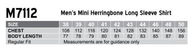 A size chart for the Men's Mini Herringbone Long Sleeve Shirt, detailing chest and body length measurements in centimeters.