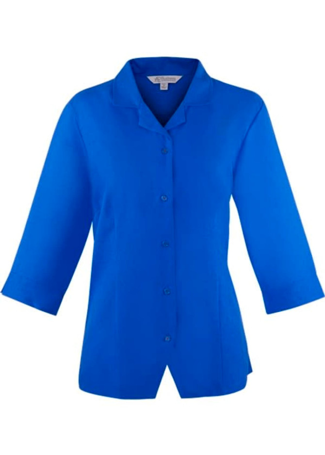 A blue button-up shirt featuring 3/4 sleeves and a collar, with a logo on the label.