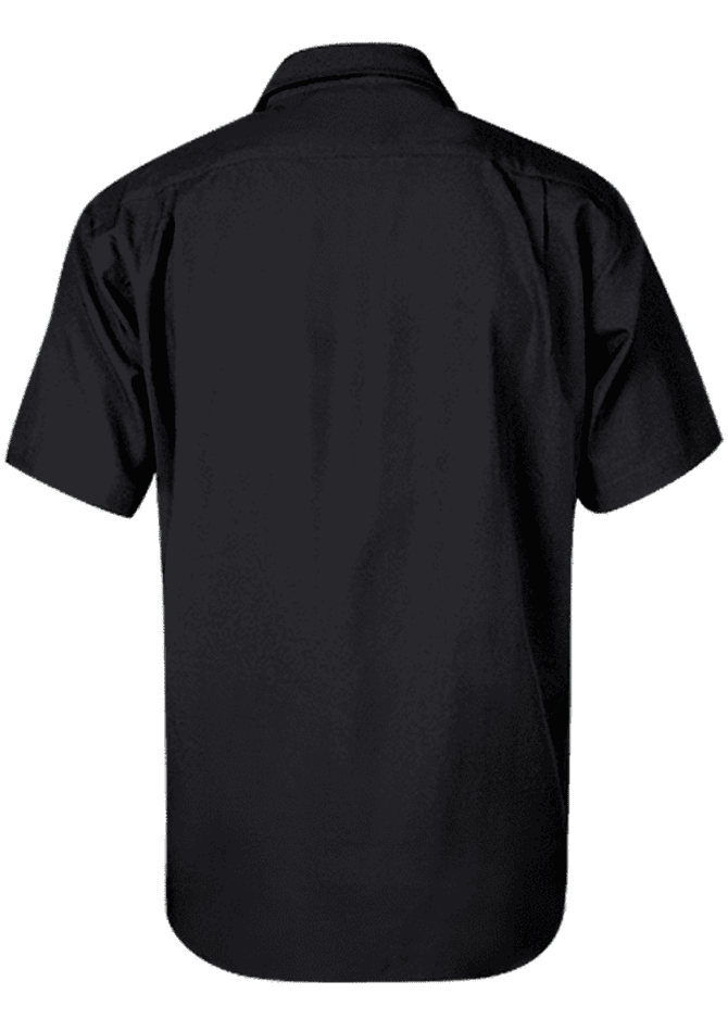 A short-sleeve button-up shirt in black, featuring a back view and a collar. Includes a logo.