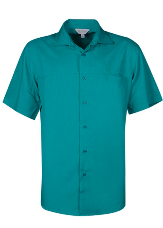 A short-sleeve button-up shirt in teal, featuring a collar and a branded label.