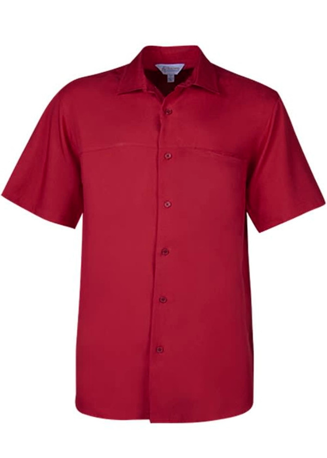 A short-sleeve, button-up shirt in a rich burgundy colour, featuring a single front pocket and a logo.