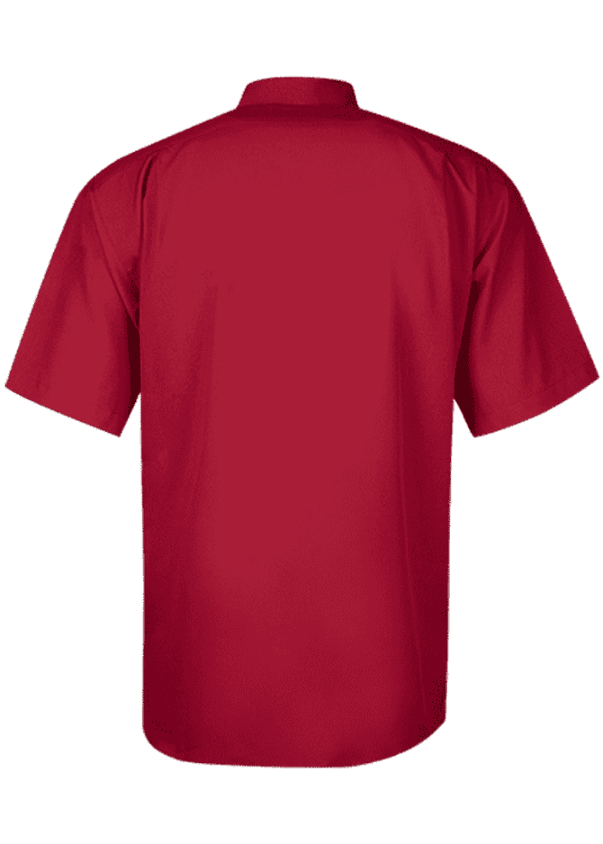 A red short-sleeve button-up shirt, featuring a back view with a plain design and a logo.