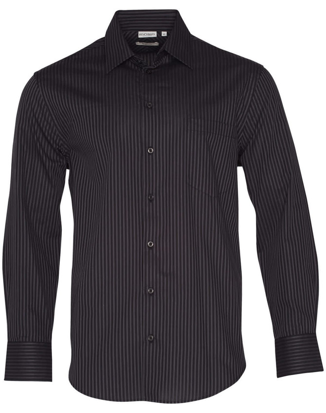 A black long sleeve button-up shirt with a dobby stripe pattern and a logo on the chest pocket.