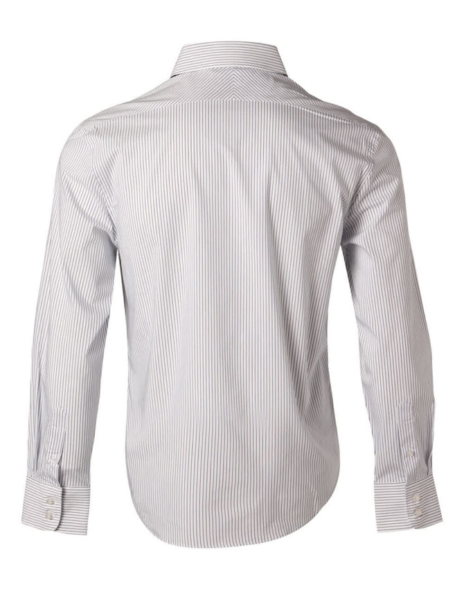 A button-up shirt with a men's long sleeve design in a white and navy ticking stripe pattern, featuring a logo.