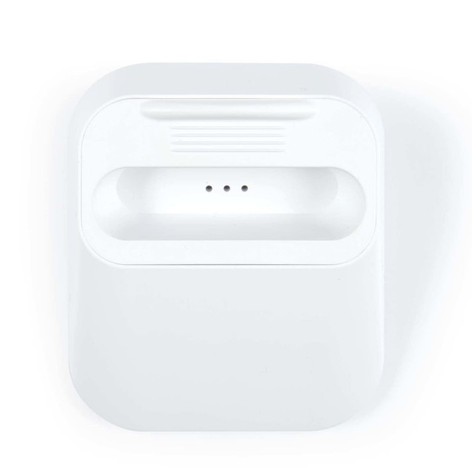 A white wireless power bank with a flat design and three indicator lights on the top.