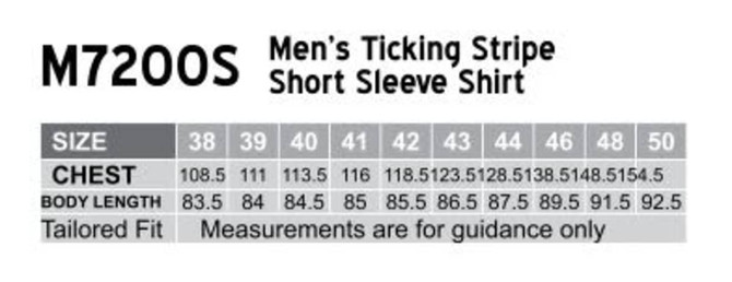 A size chart for the Men's Ticking Stripe Short Sleeve Shirt, detailing chest and body length measurements.