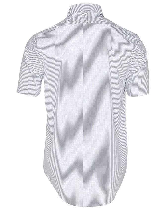 A men's short-sleeve button-up shirt in white with navy ticking stripes, featuring a standard collar and a logo.