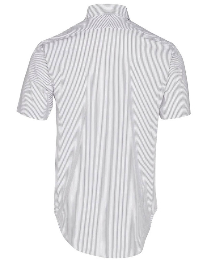 A short-sleeved button-up shirt featuring a ticking stripe pattern in white and green, displayed from the back.