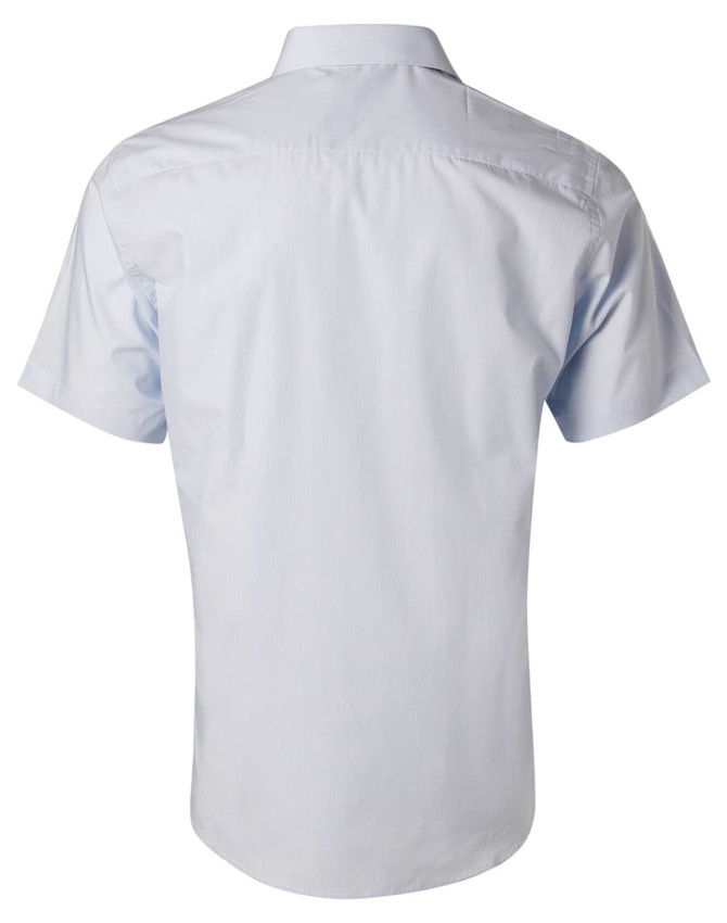 A short-sleeve, button-up shirt with fine stripes, in a light blue colour, featuring a logo on the back.