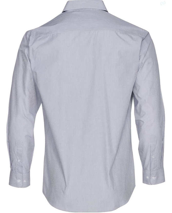 A grey and white striped long sleeve button-up shirt featuring a classic collar and a branding logo.