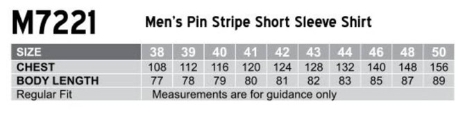 A table displaying size measurements for a men's pin stripe short sleeve shirt, including chest and body length dimensions.