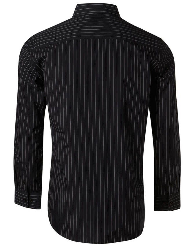 A black long sleeve shirt with white pin stripes and a back view, featuring a logo on the collar.