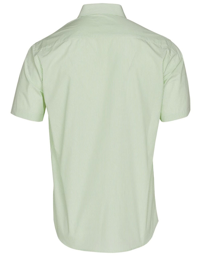 A light green short sleeve button-up shirt with a vertical stripe pattern and a logo on the back.